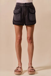 SO ME Mineral Washed Terry High Rise Cargo Shorts CHARCOAL BLACK OutfitFlow